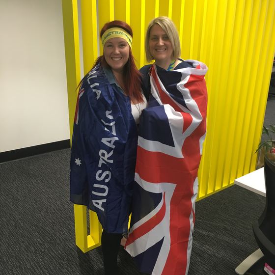 Wrapped in flags in the office during the Games